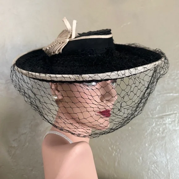 ASTOUNDING 1930s\' BLACK TILT FEDORA WITH GROSGRAIN CROWN + STRAW BRIM + STRAP Vintage 1930s - 1940s Black Straw Tilt Hat with Net /… - Gem main image 2